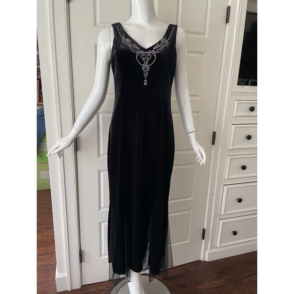 VTG Dressbarn Black Velvet Maxi Dress Scarf Hem Whimsigoth Fairy Grunge Sz 12 - Picture 2 of 16